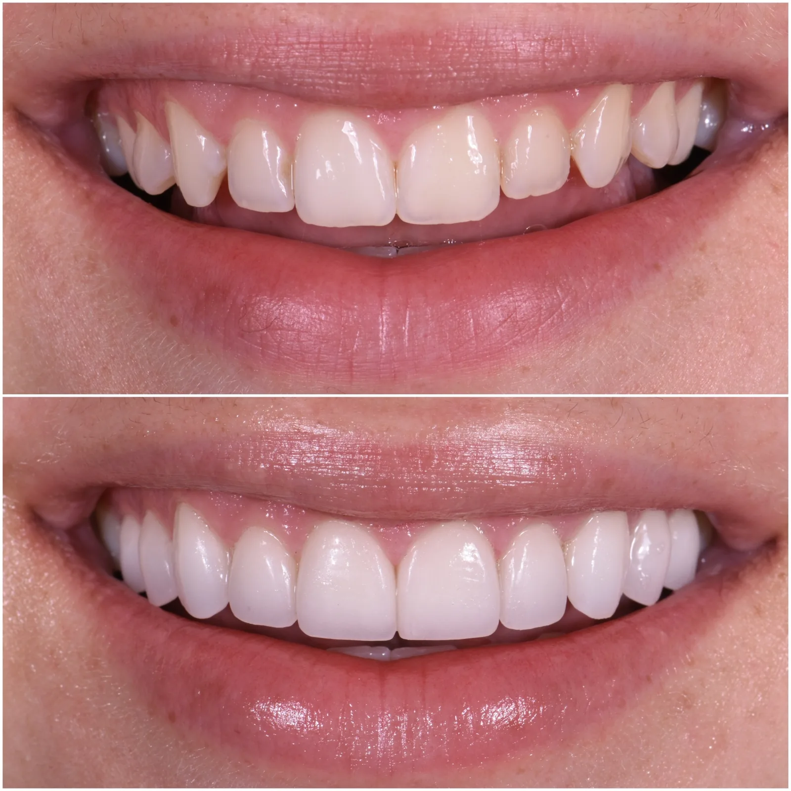 Lucie — no-prep porcelain veneers, before and after